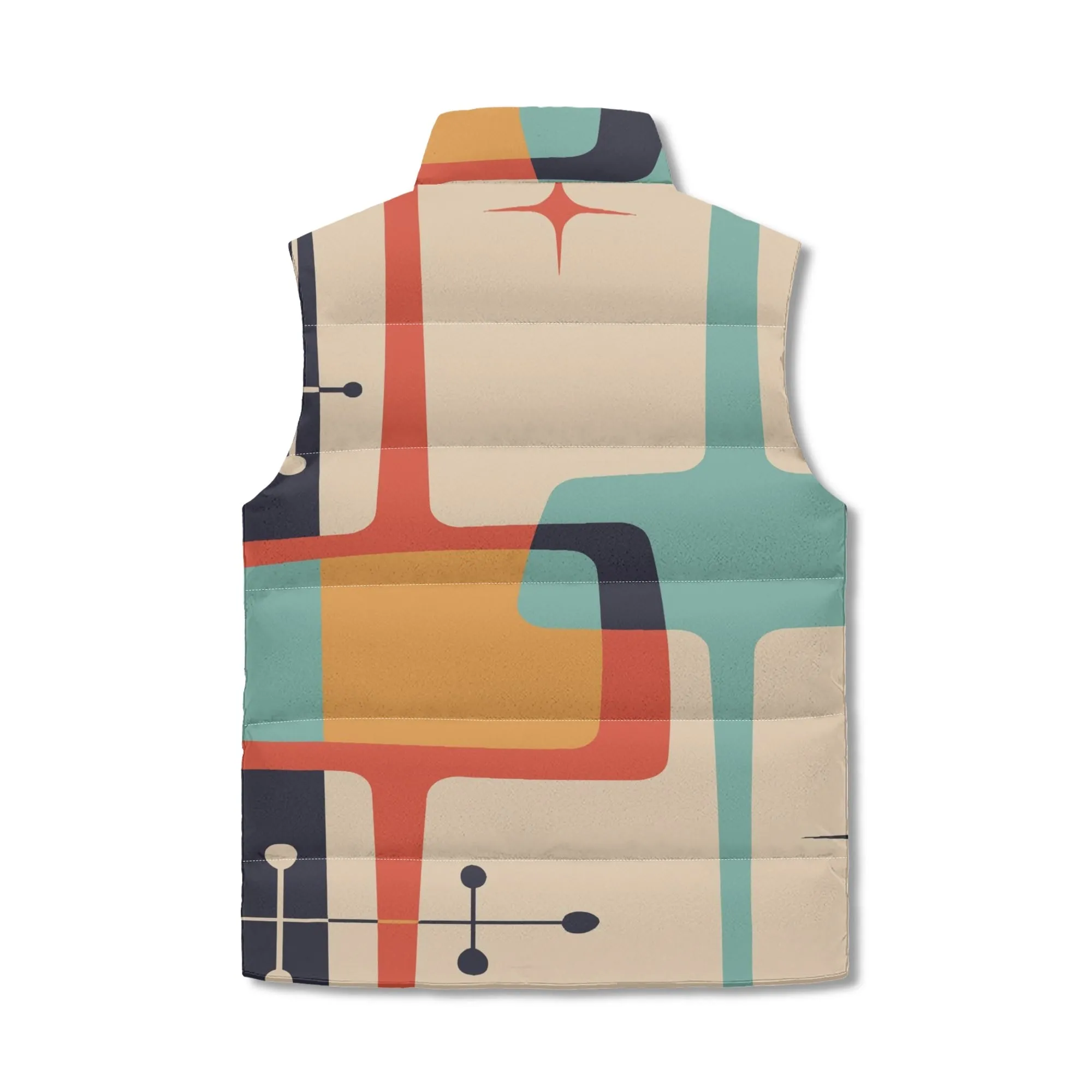 Atomic Cat Mid Century Modern Puffer Vest, Retro Starburst Geometric Lightweight Jacket