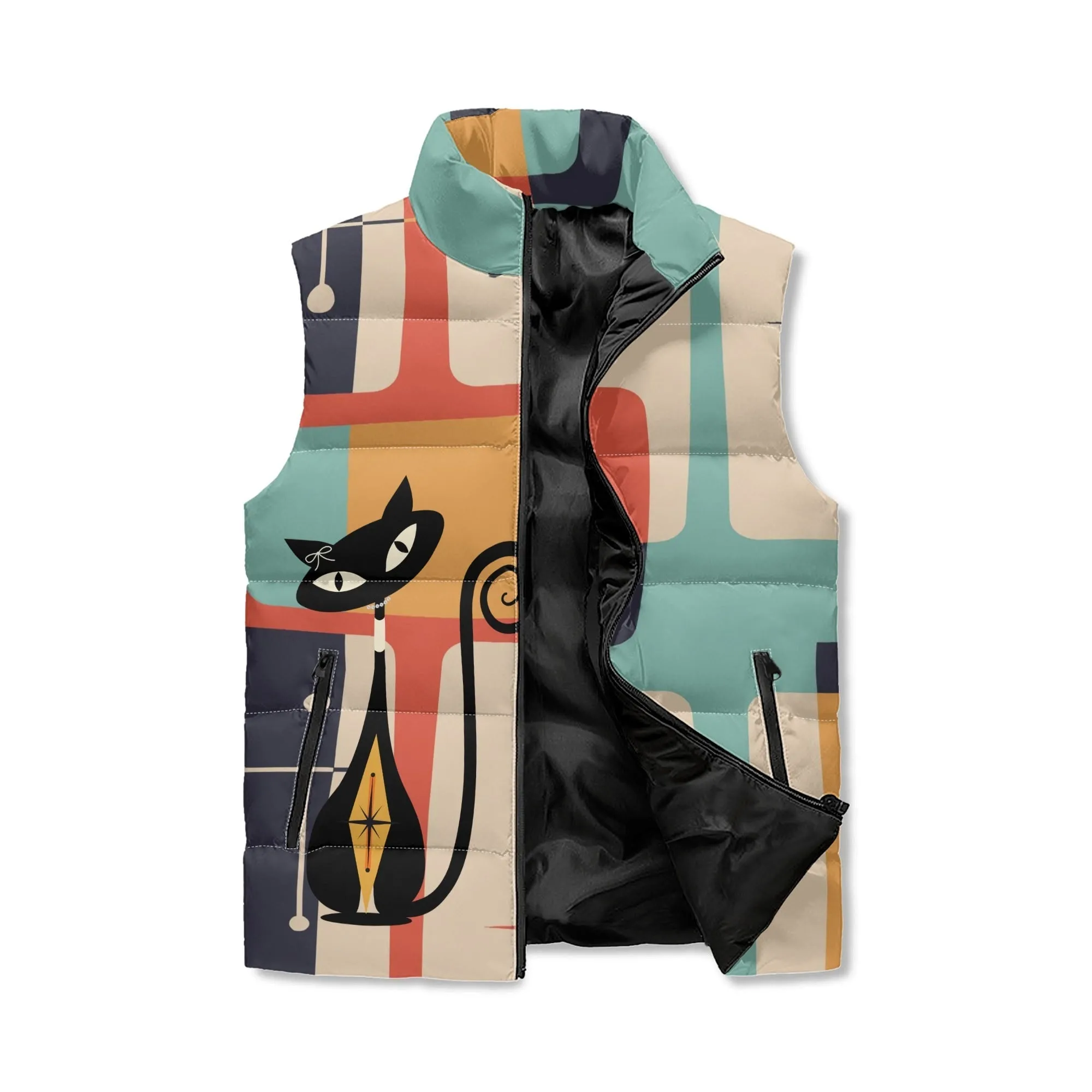 Atomic Cat Mid Century Modern Puffer Vest, Retro Starburst Geometric Lightweight Jacket