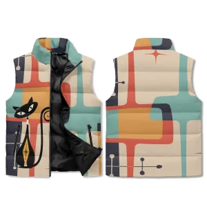 Atomic Cat Mid Century Modern Puffer Vest, Retro Starburst Geometric Lightweight Jacket