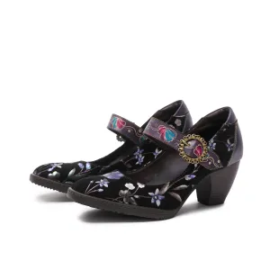Women's Leather Mary Jane Shoes Vintage Colorful Shoes Floral Mary Jane Shoes Vintage Leather Pumps